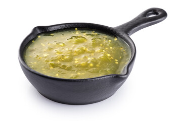 Tomatillo Salsa Verde sauce in sauce pan isolated on white background. With clipping path.