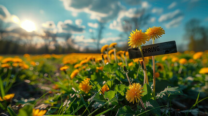 Golden Dandelions Under a Sunny Sky With a Wooden Spring Sign in the Meadow