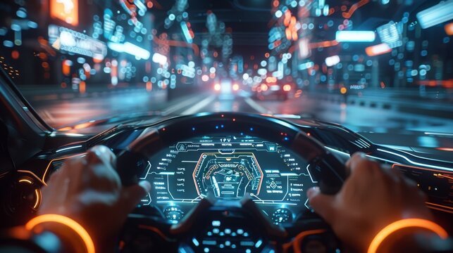 A holographic Interface on the windshield, first person view, futuristic vehicle interior, wide angle, hands on the command. Generative AI.