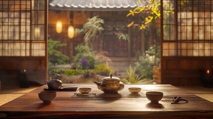 traditional tea ceremony d in a serene setting, with elegant teaware, aromatic tea leaves, and...
