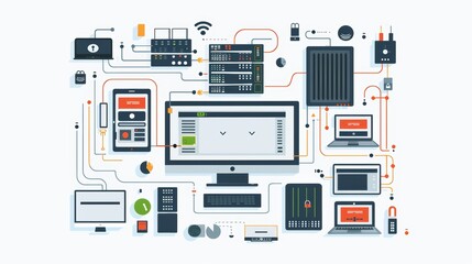 Fototapeta premium Flat layout of firewall software installation, top view, streamlined security setup, technology tone, Tetradic color scheme