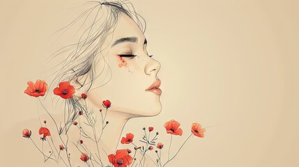 Fototapeta premium Abstract Flower Girl Illustration with Poppies and Modern Art Touch