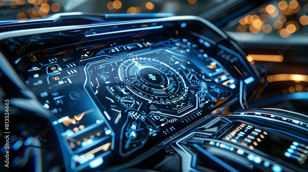 Poster a depiction of a futuristic car dashboard screen, intricate geometric patterns, cool blue and silver