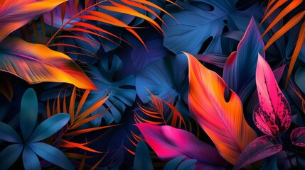 Neon jungle: Vivid tropical leaves in the background rozmte leaves and dark background