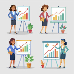 A businesswoman is showing a graphic chart of increasing sales vector illustration set