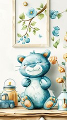 Kids Gift Cards Mockups, Vibrant and playful illustration of a blue cat surrounded by whimsical flowers and toys, ideal for children's room decoration.