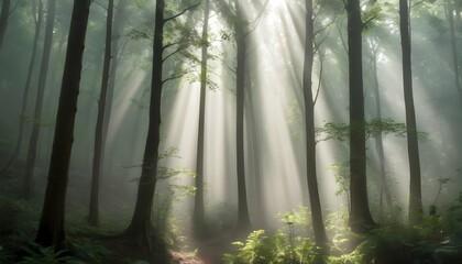 A mist covered forest with shafts of sunlight pier