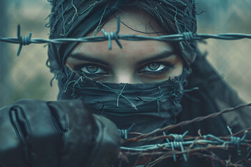 Standing against oppression concept with masked woman grabbing barbwire, opposition and standing up against tyranny