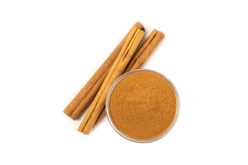 Cinnamon powder  isolated on white background. Spicy spice for baking, desserts and drinks. Fragrant ground cinnamon.