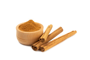 Cinnamon powder  isolated on white background. Spicy spice for baking, desserts and drinks. Fragrant ground cinnamon.