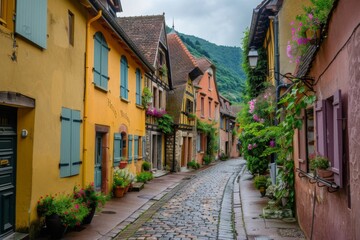 Obraz premium A charming street scene of an old European village with cobblestone streets and colorful buildings