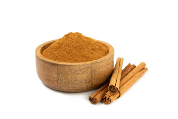 Cinnamon powder  isolated on white background. Spicy spice for baking, desserts and drinks. Fragrant ground cinnamon.