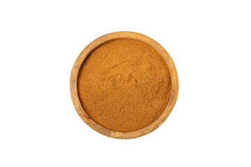 Cinnamon powder  isolated on white background. Spicy spice for baking, desserts and drinks. Fragrant ground cinnamon.
