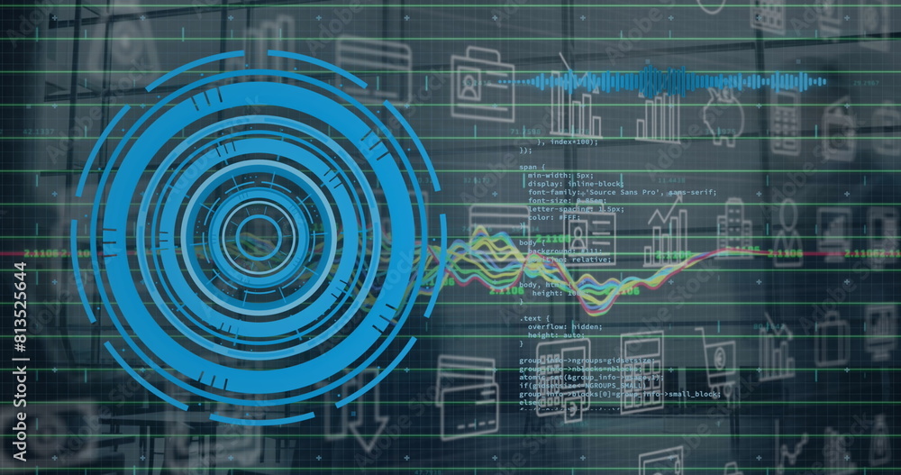 Wall mural Image of round scanner, digital icons and data processing against time-lapse of people walking