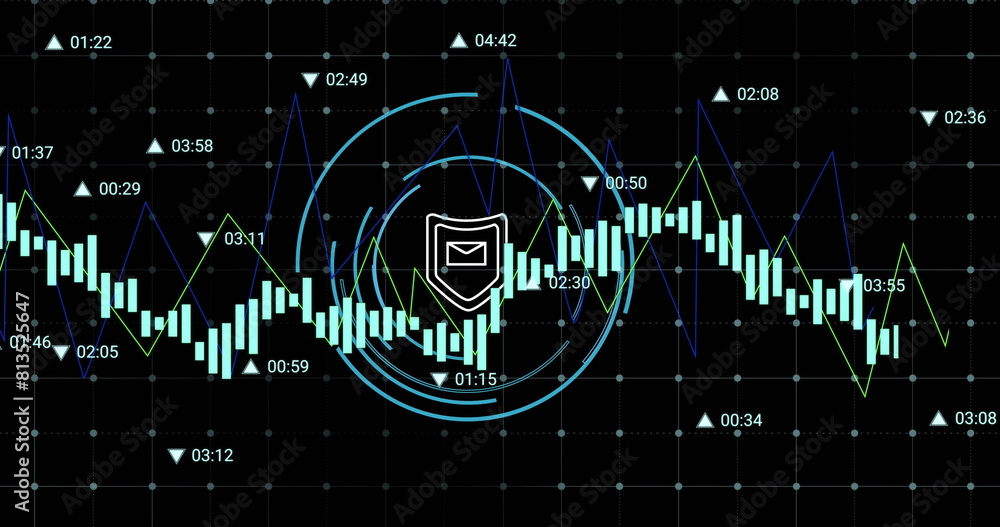 Poster image of data processing over security shield icon on round scanner against black background