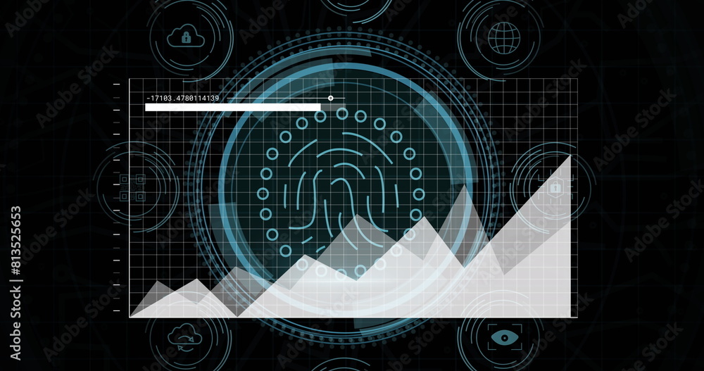 Poster image of statistical data processing against digital icons and biometric fingerprint scanner
