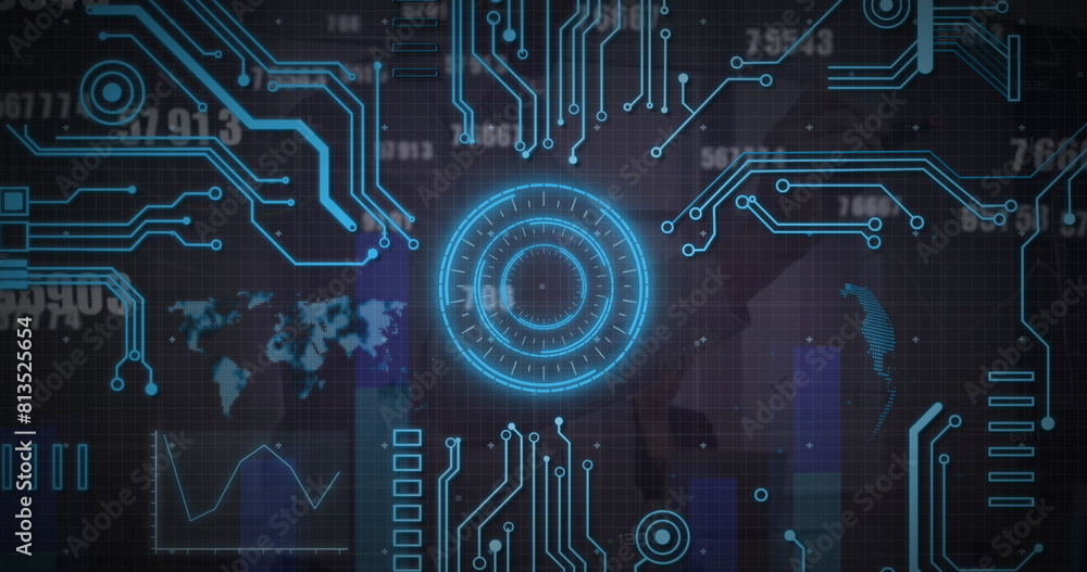 Poster image of round scanners, microprocessor connections against changing numbers and data processing