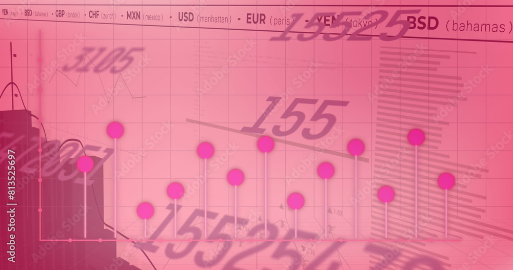 Poster image of changing numbers, statistical and stock market data processing against pink background