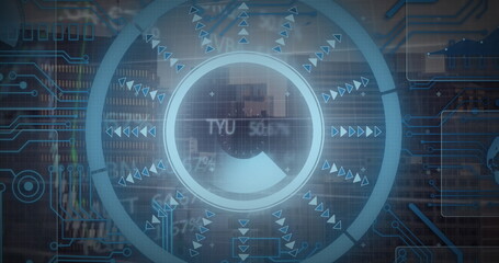 Image of round scanner over financial and stock market data processing against view of cityscape