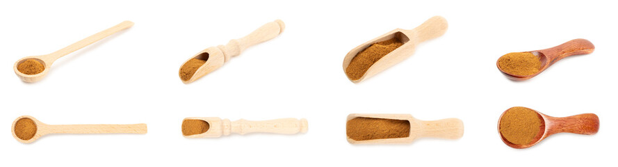 Cinnamon powder  isolated on white background. Spicy spice for baking, desserts and drinks. Fragrant ground cinnamon.