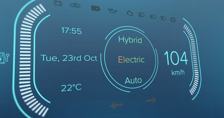 Image of electric car digital interface on blue background