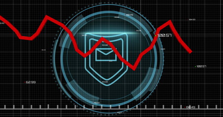 Image of red line, padlock and data processing over black background