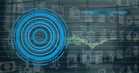Image of round scanner, digital icons and data processing against time-lapse of people walking