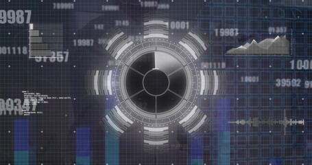 Image of round scanner and changing numbers against businessman writing on whiteboard