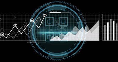 Image of statistical data processing over cyber security text and qr code on round scanner