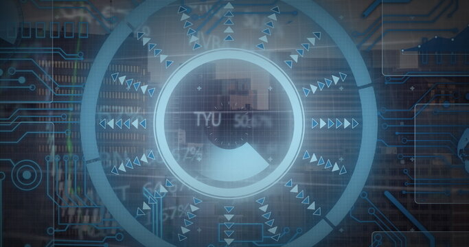 Image of round scanner over financial and stock market data processing against view of cityscape