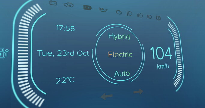 Image of electric car digital interface on blue background - Powered by Adobe