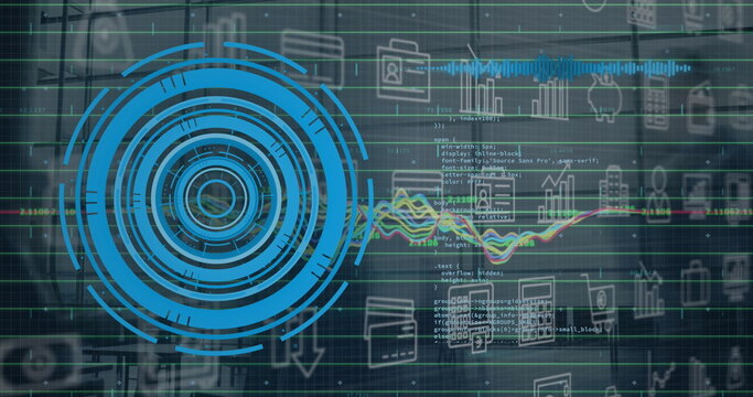 Image of round scanner, digital icons and data processing against time-lapse of people walking