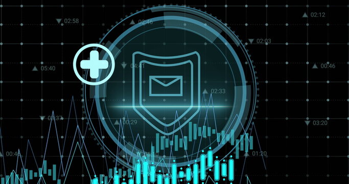 Image of data processing and digital icons over cyber security text and security shield icon