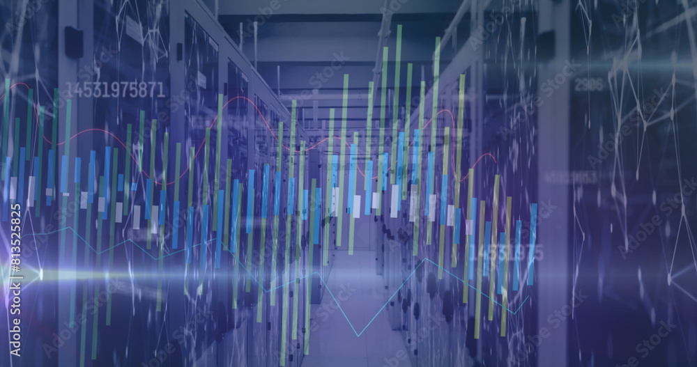 Poster image of changing numbers over graphs against connected dots on server room