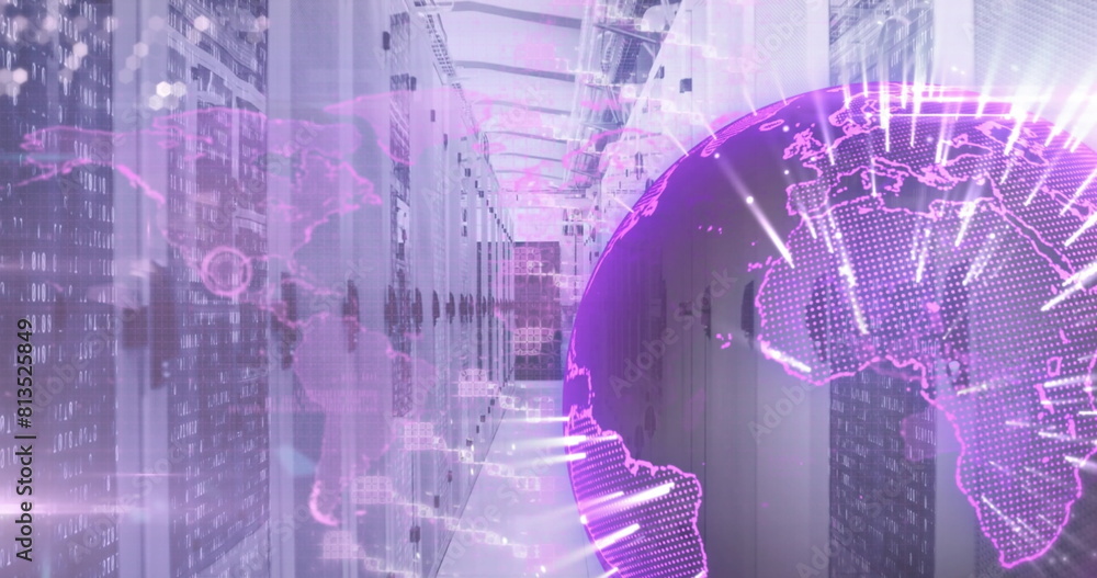Poster image of spinning globe and dna structure against computer server room