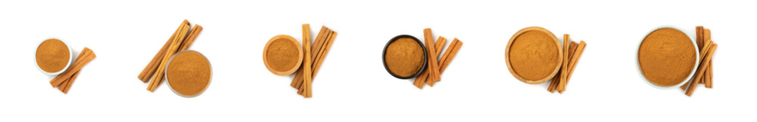 Cinnamon powder  isolated on white background. Spicy spice for baking, desserts and drinks. Fragrant ground cinnamon.