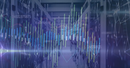 Image of changing numbers over graphs against connected dots on server room