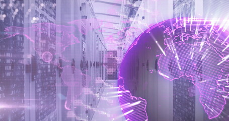 Image of spinning globe and dna structure against computer server room