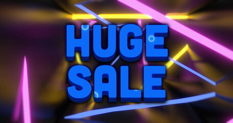 Image of huge sale text over glowing neon lights on black background