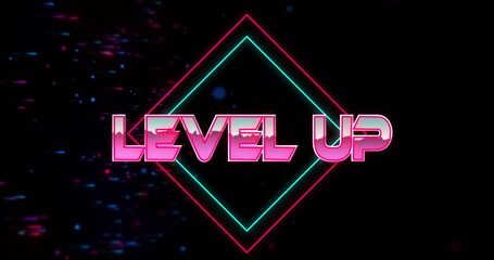 Image of glitch effect over level up text banner against blue and red spots on black background