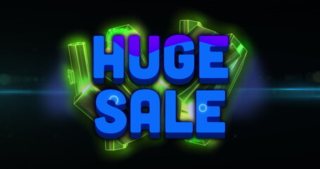 Image of huge sale text over glowing blocks on black background