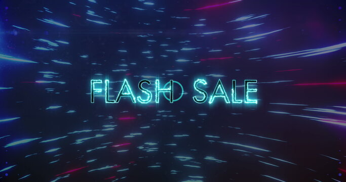 Image of flash sale text and circle on light trails black background - Powered by Adobe