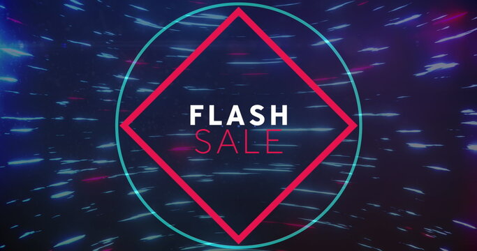 Image of flash sale text in pink frame on light trails black background