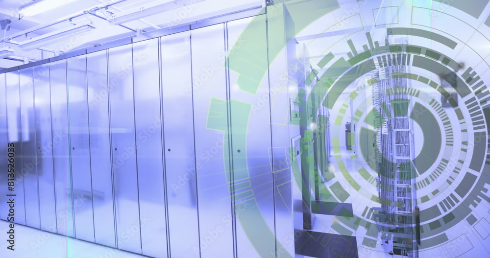 Poster image of loading circles and lens flares on data server racks in server room
