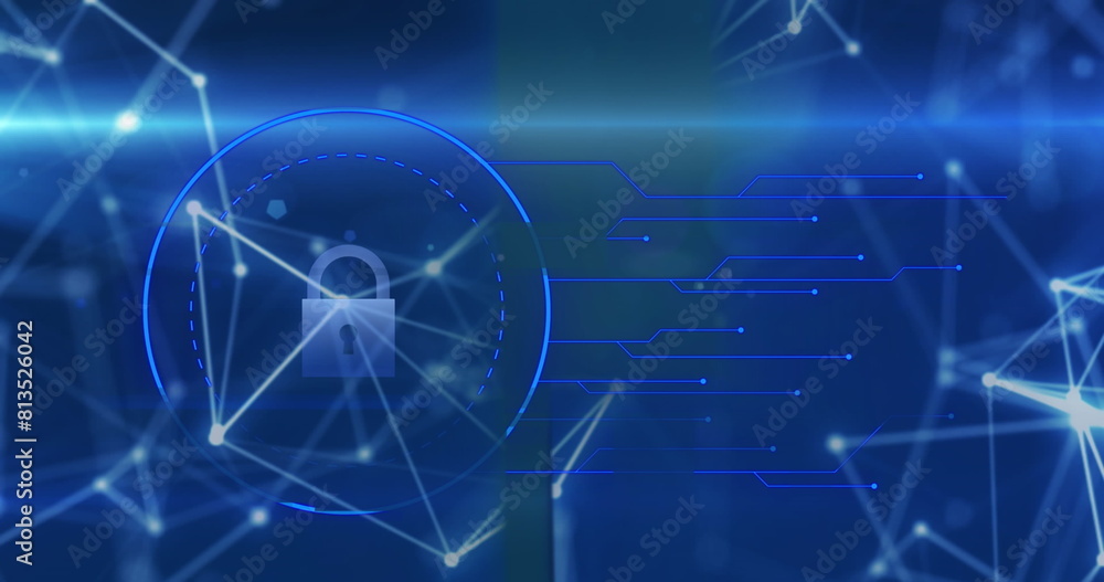 Poster image of padlock in circle with illuminated connected dots and lines on abstract background