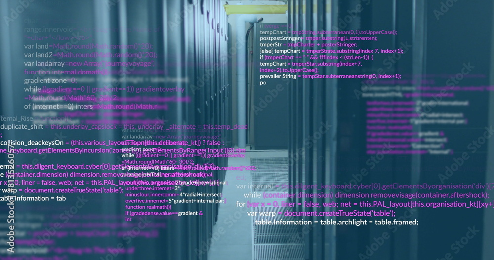 Poster image of multicolored computer language over data server racks in server room