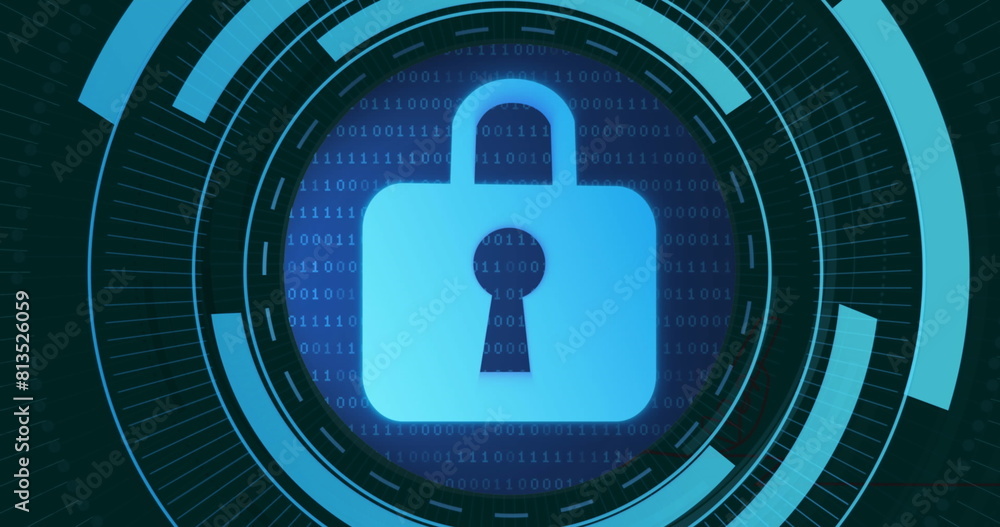Poster image of padlock in moving circles with binary codes