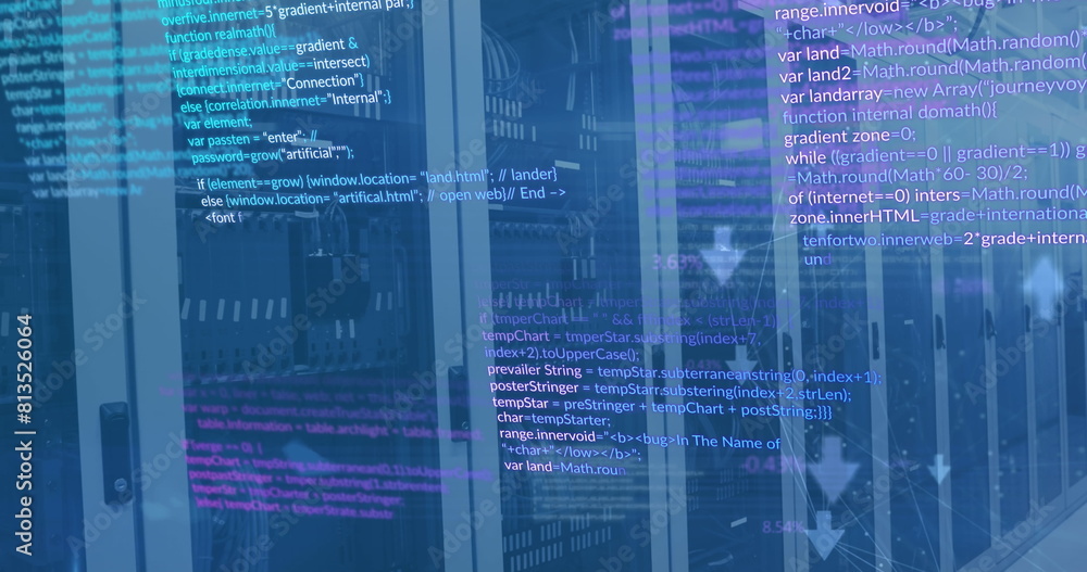 Poster image of computer language and connected icons over data server racks in server room