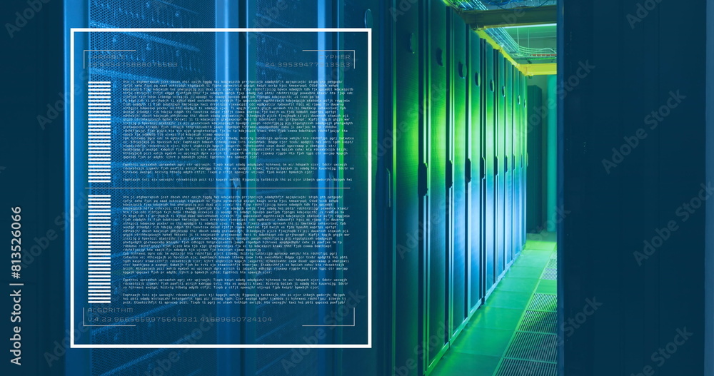 Poster image of loading bars and computer language over data server room
