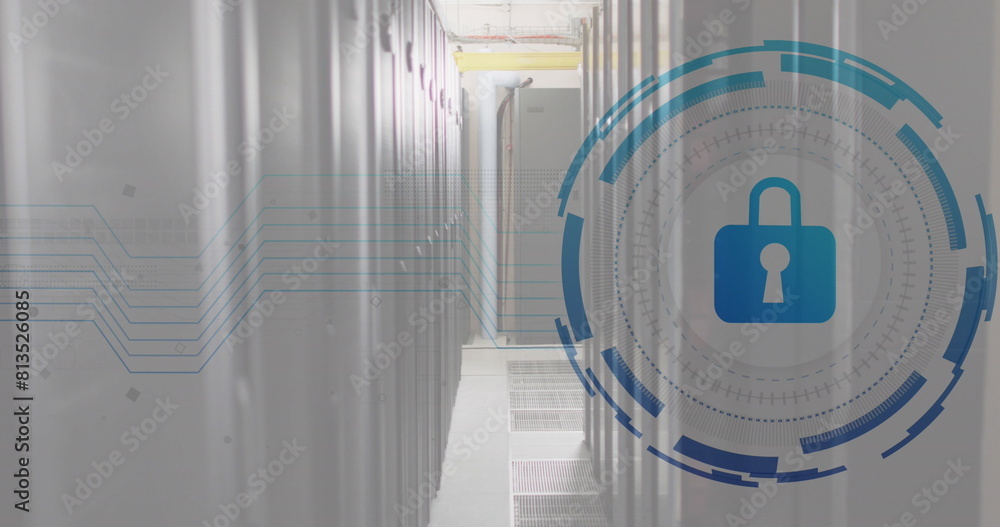 Poster image of padlock in loading circles over data server room